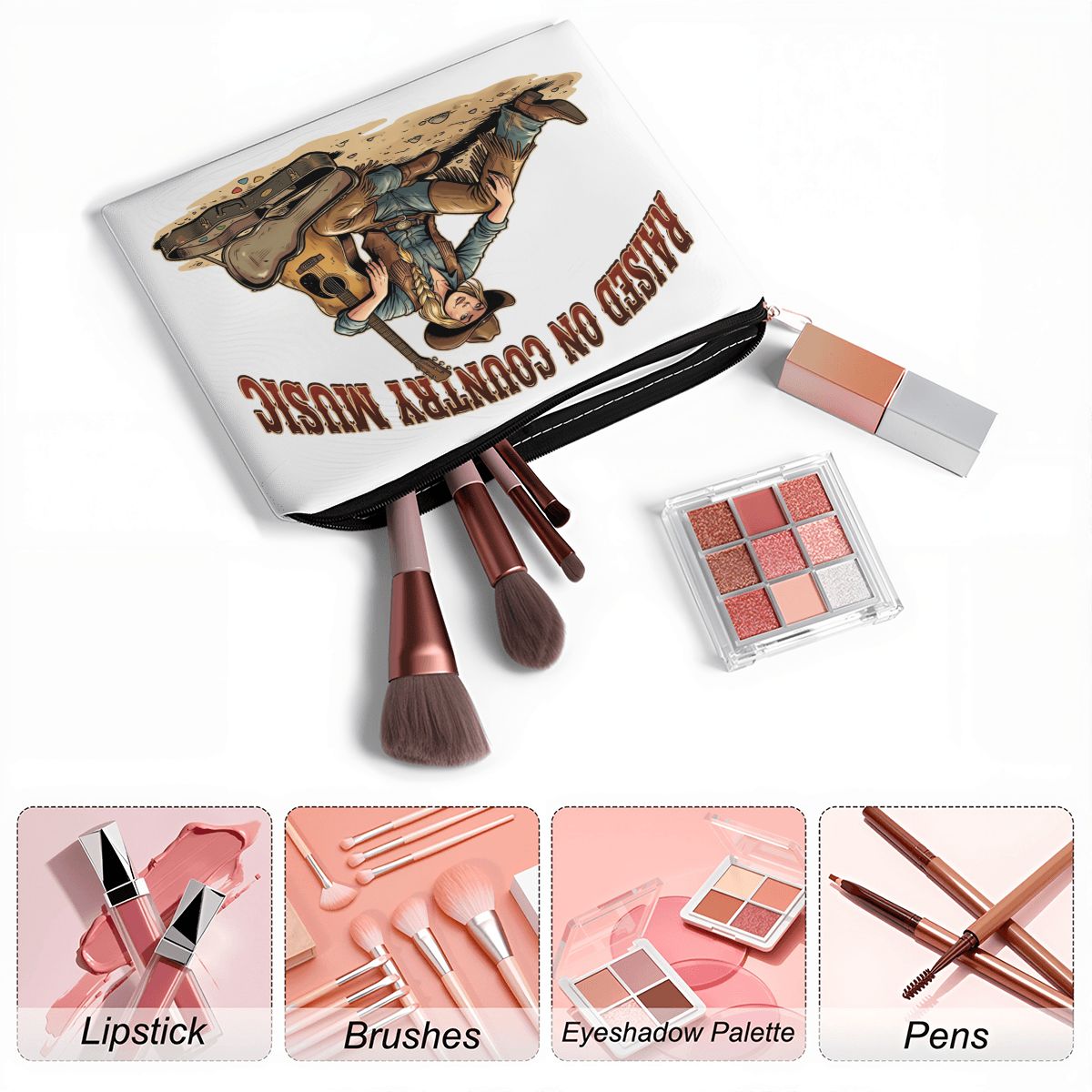 Raised On Country Music Cowgirl Travel Makeup Pouch