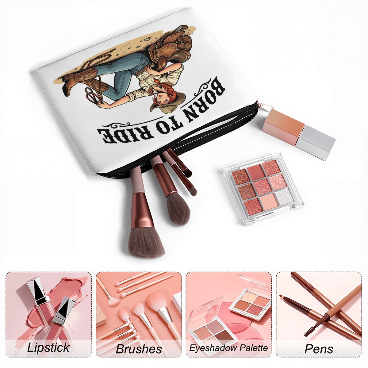 Born To Ride Cowgirl Travel Makeup Pouch
