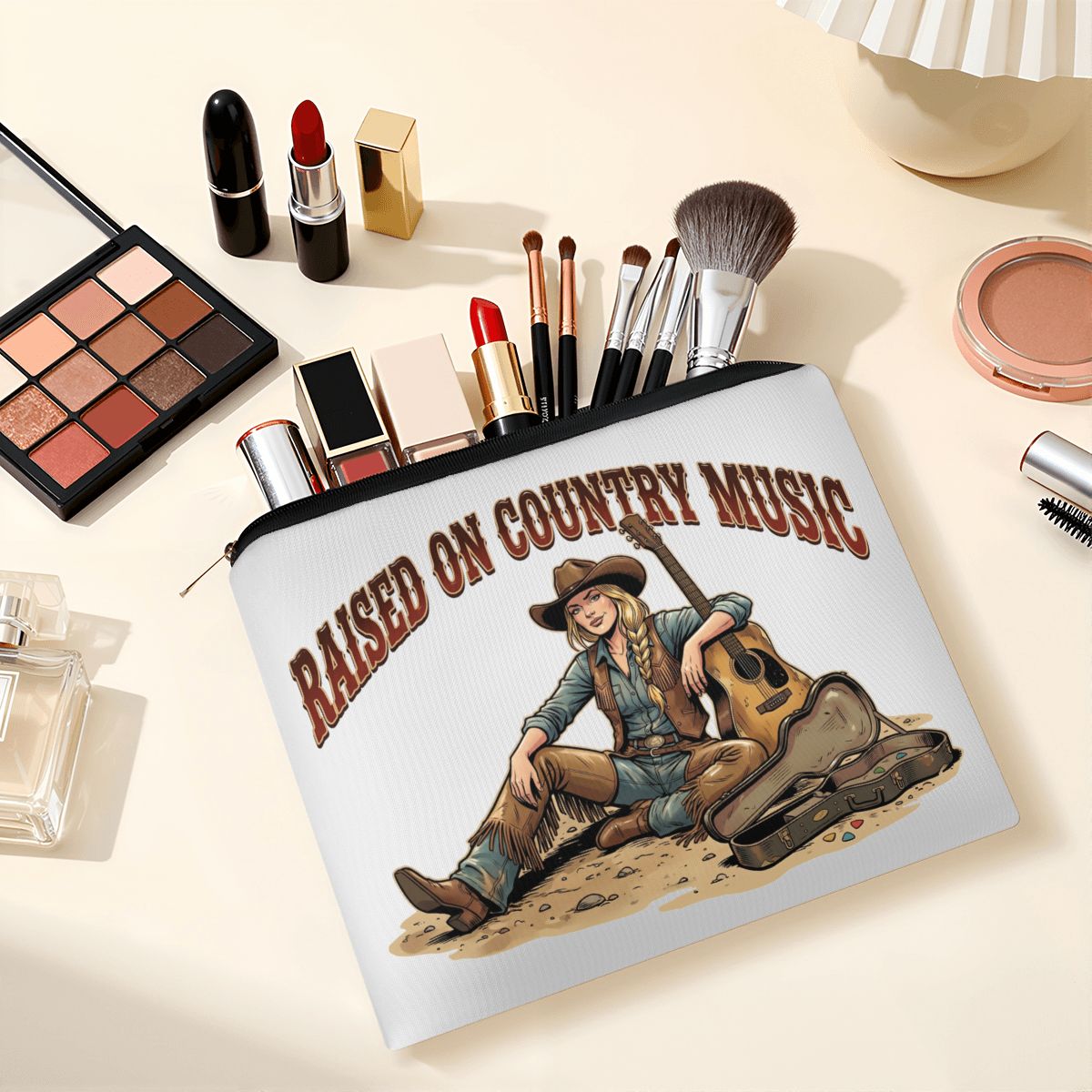 Raised On Country Music Cowgirl Travel Makeup Pouch
