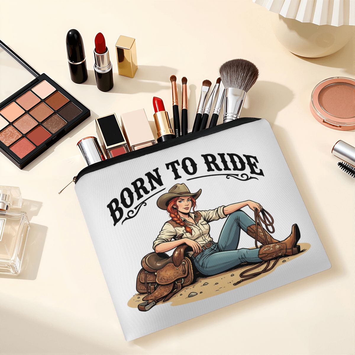 Born To Ride Cowgirl Travel Makeup Pouch