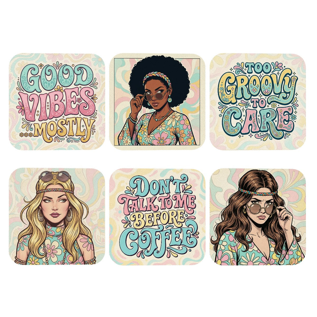 70s Retro Drink Coasters – Groovy Vintage Coaster Set (6 Pack)