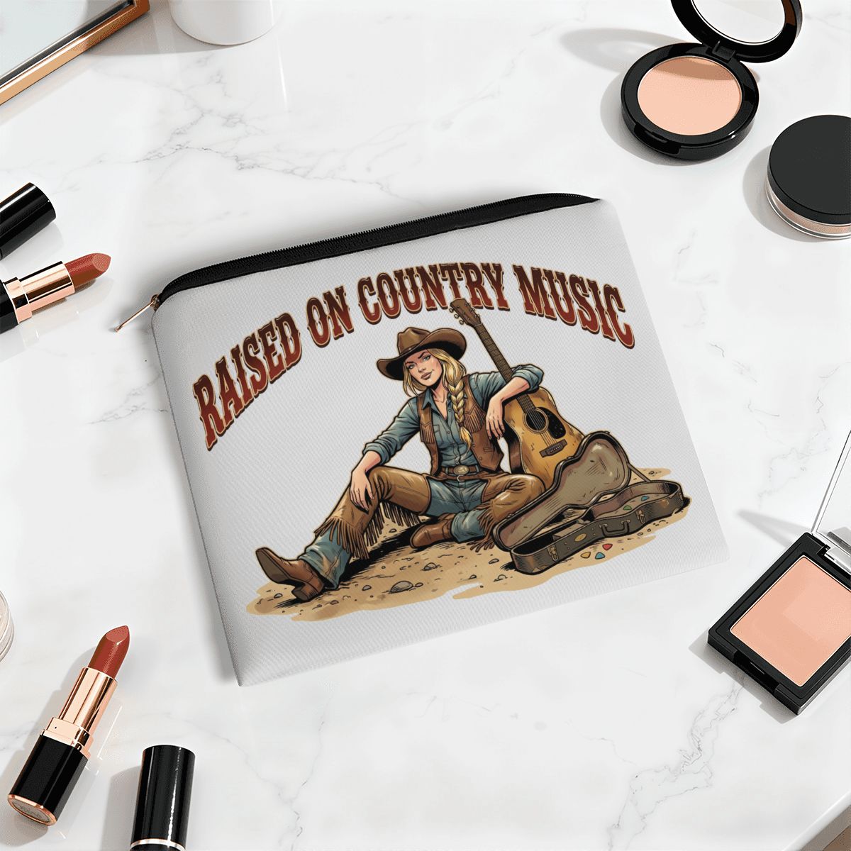 Raised On Country Music Cowgirl Travel Makeup Pouch