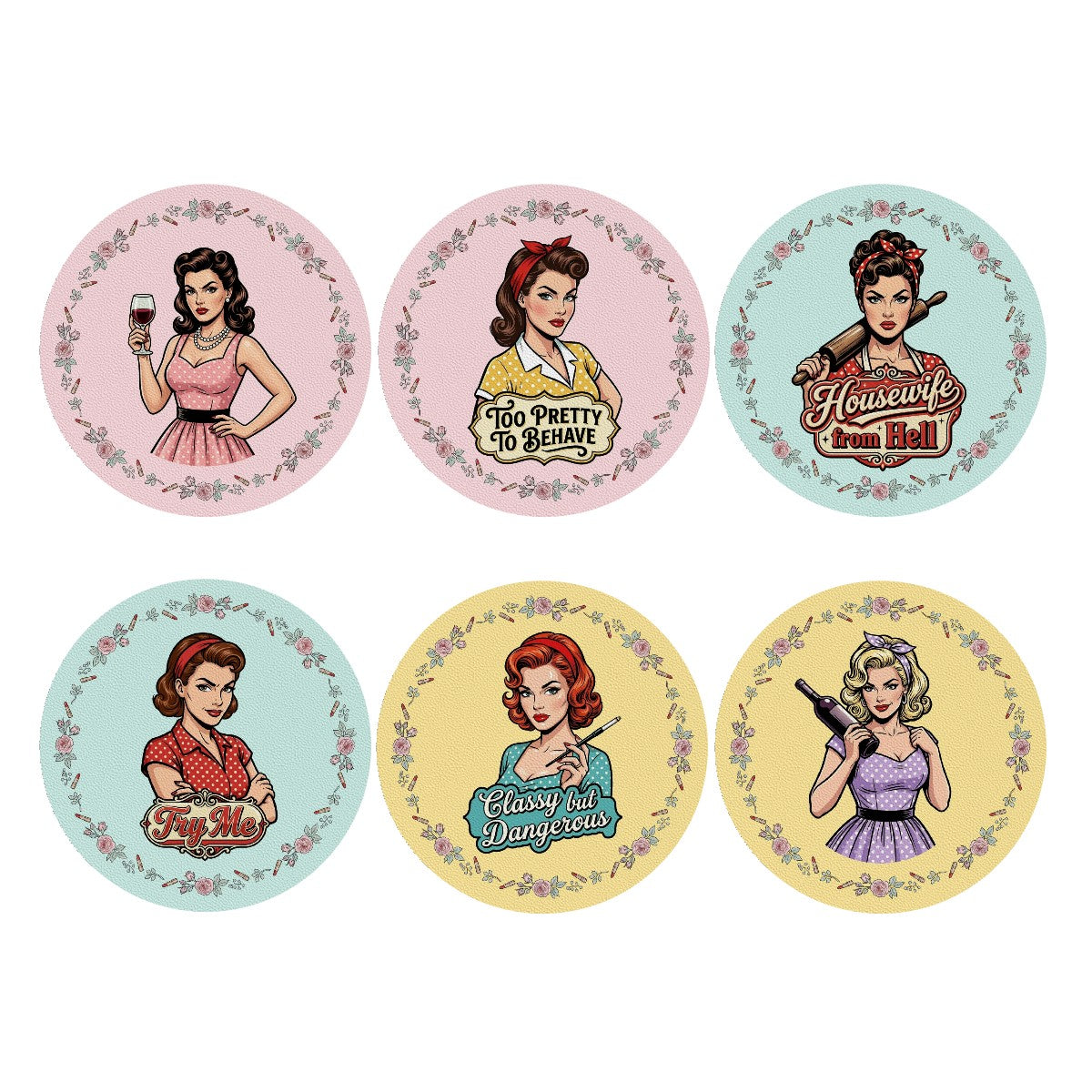 50s Retro Drink Coasters – 6 Pack Vintage Style Table Coasters