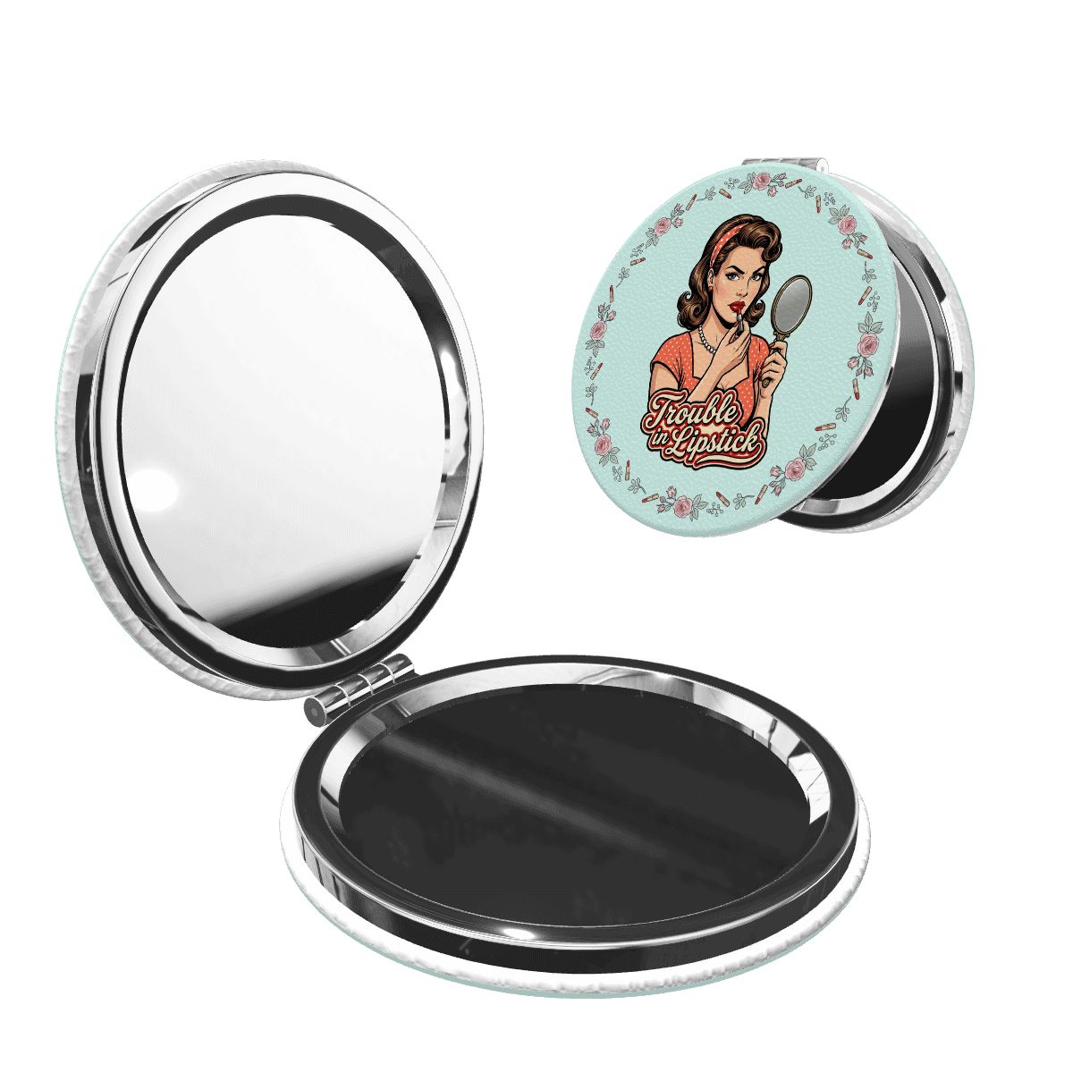 50s Retro Compact Pocket Mirror - Trouble in Lipstick