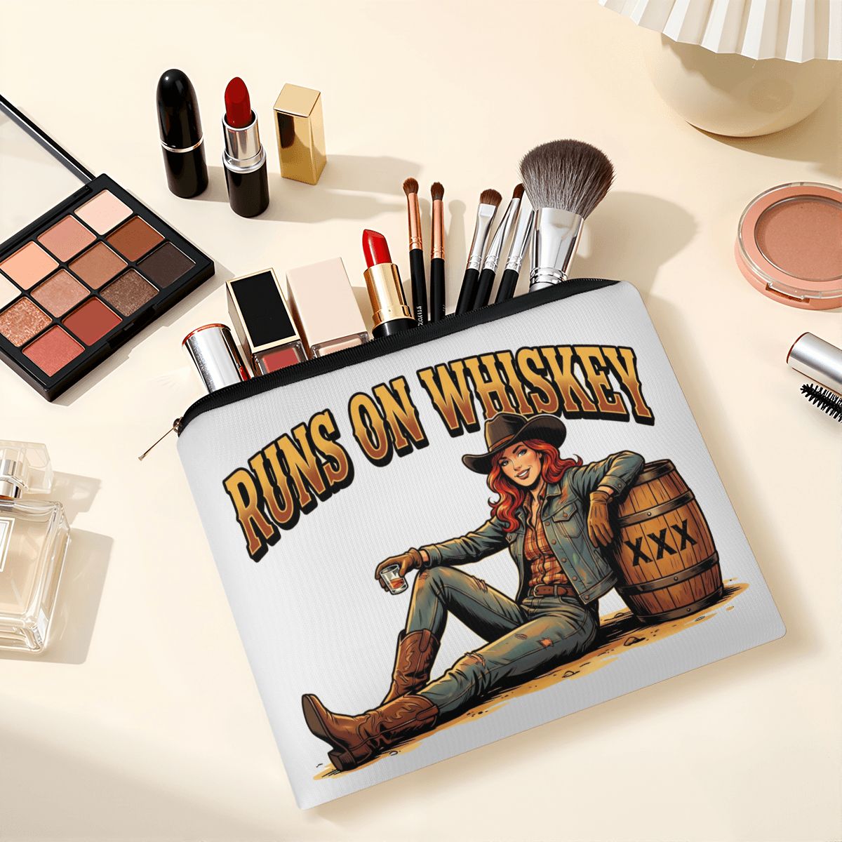 Runs On Whiskey Cowgirl Travel Makeup Pouch