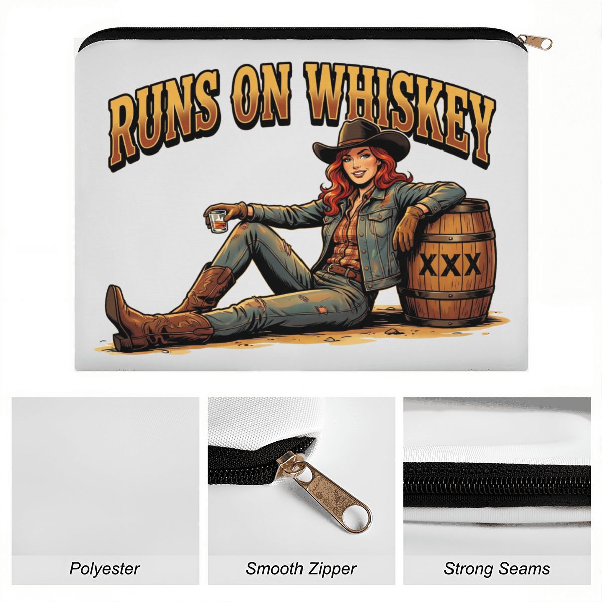 Runs On Whiskey Cowgirl Travel Makeup Pouch